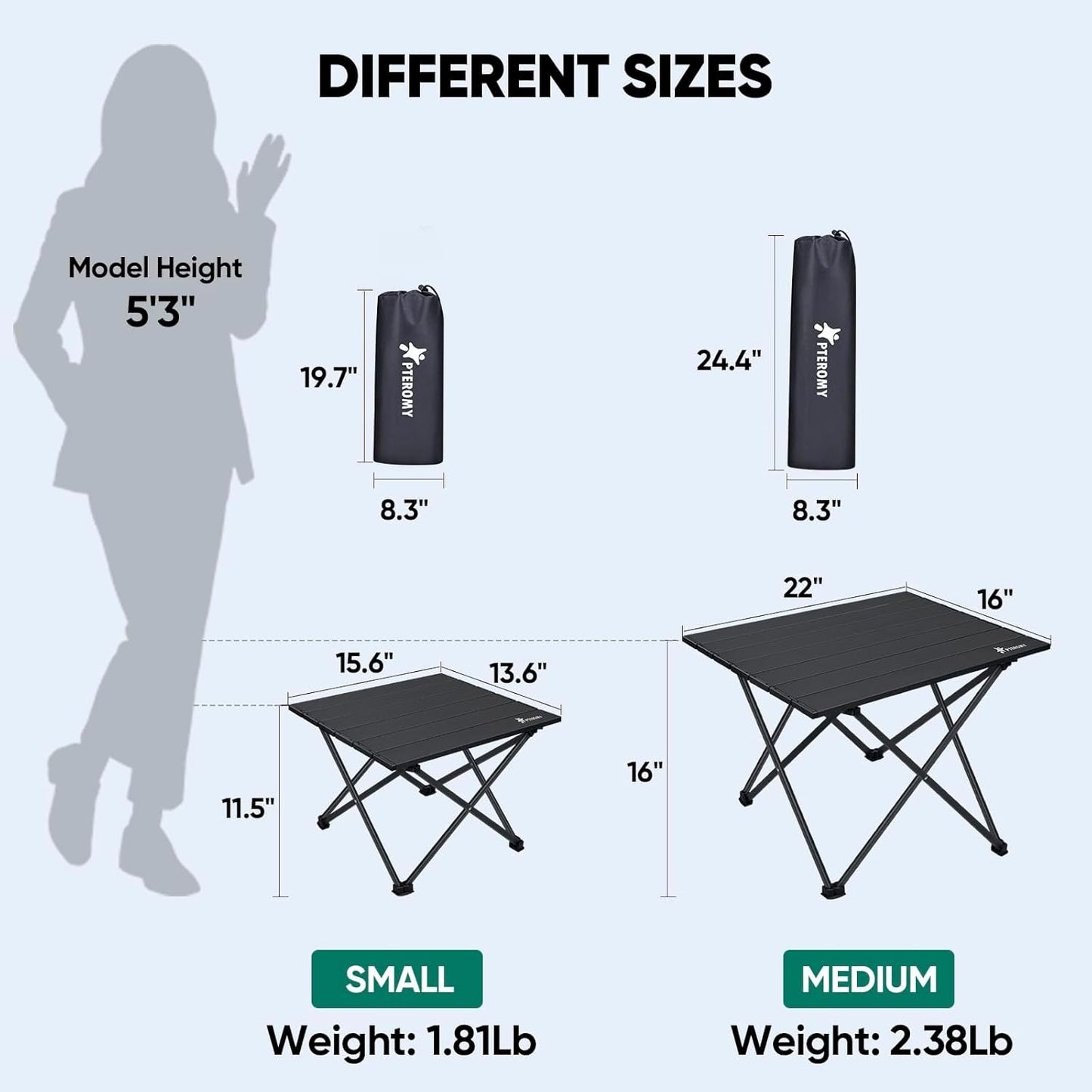 PTEROMY Medium Folding Camping Table, Portable Beach Table with Ultralight Aluminum Tabletop for Travel, Outdoor, Camping, Picnics, and BBQs (Black)