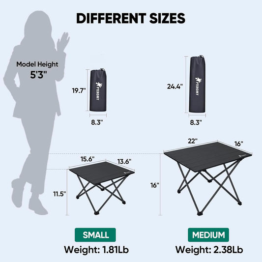 PTEROMY Medium Folding Camping Table, Portable Beach Table with Ultralight Aluminum Tabletop for Travel, Outdoor, Camping, Picnics, and BBQs (Black)