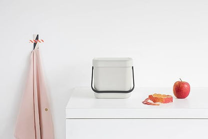 Brabantia Sort & Go Kitchen Countertop Food Scraps Compost Bin | XS / 0.8 Gal / 3L | Light Gray | Removable Stay-Open Lid, Carry Handle, Easy-Clean Recycling Box | Wall Bracket Sold Separately