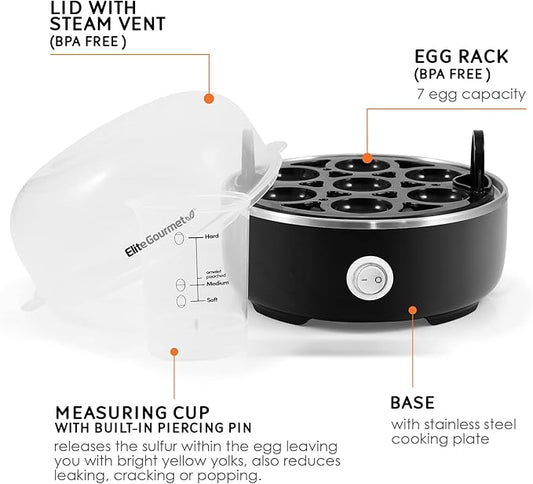 Elite Gourmet EGC115B Easy Egg Cooker Electric 7-Egg Capacity, Soft, Medium, Hard-Boiled Egg Cooker with Auto Shut-Off, Measuring Cup Included, BPA Free, Classic Black