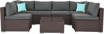 7-Piece Patio Furniture Set - Outdoor Sectional Sofa Set with Cushions and Glass-Top Coffee Table for Gardens, Poolside, Backyards and Porches, Wine/Grey