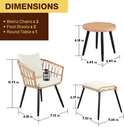 5 Piece Outdoor Bistro Set, Waterproof Patio Furniture Conversation Set, Patio Table and Chairs with Foot Rest, Small Outdoor Wicker Chairs for Porch, Backyard, Deck, Balcony