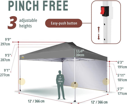 CROWN SHADES 12x12 Pop Up Canopy Tent Instant Commercial with 150D Silver Coated Fabric Including 1 Removable Sidewall, 4 Ropes, 8 Stakes, Weight Bags, STO 'N Go Bag, Grid Grey
