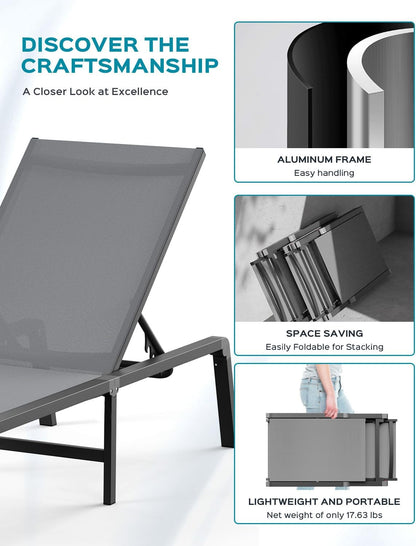 Patio Chaise Lounge Chair, Foldable Lounge Chair for Outside, Aluminum Chairs Set of 2 with 5 Adjustable Backrest, Outdoor Pool Lounger for Poolside, Lawn, Deck, Grey