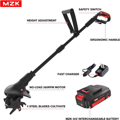 MZK 20V Cordless Tiller Cultivator with Steel Tines,8-inch Wide Battery Powered Garden Cultivator, 360RPM Electric Tiller for Lawn/Gardening/Soil Cultivation(2AH Battery&Charger Included),TC08D01