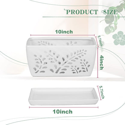 Ceramic Orchid Pot, 10 Inch Rectangular Orchid Pots with Holes, Premium Thickened Handmade Glazed Pot for Orchidaceae Plants, Indoor Outdoor Decorative Flower Pot for Easy Repotting