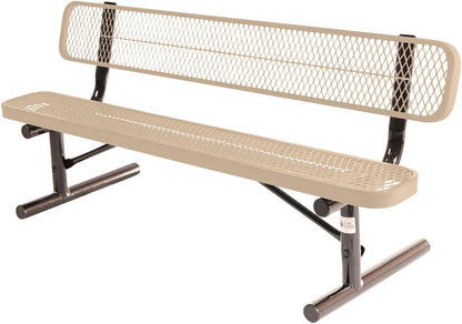 Coated Outdoor Furniture Heavy-Duty Portable Outdoor Bench Thermoplastic Coated, Expanded Metal, Commercial-Grade Seating, Made in America (Portable with Back, 6 Ft, Tan)