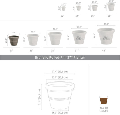 Crescent Garden Brunello Classic Rolled Rim Planter Pot, Indoor/Outdoor Weather-Safe Round Plant Pot, 27'' (Weathered Concrete)