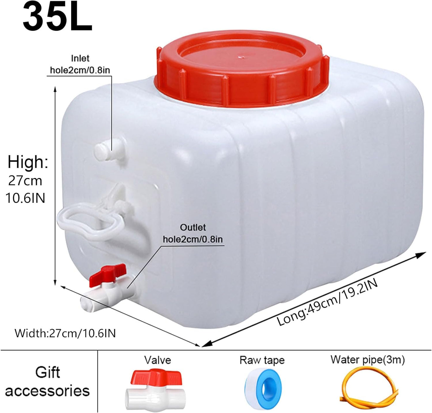 Large Capacity Water Container with Spigot Hose, Portable Water Storage Tank 52.8 Gallon No Leakage Camping Water Carrier for Emergency Vehicle Car Outdoor Hiking Picnic(Size:35L/9.3Gal)