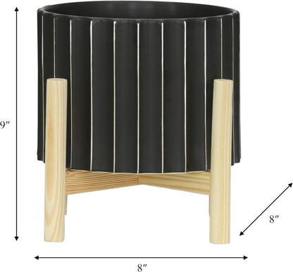 Ceramic Planter with Pine Wood Stand – Plant Pot – Durable Stoneware Planter for Indoor Outdoor Use – Modern Minimalist Plant Holder for Home Decor, Living Room, Garden, Balcony – 9", Black Fluted