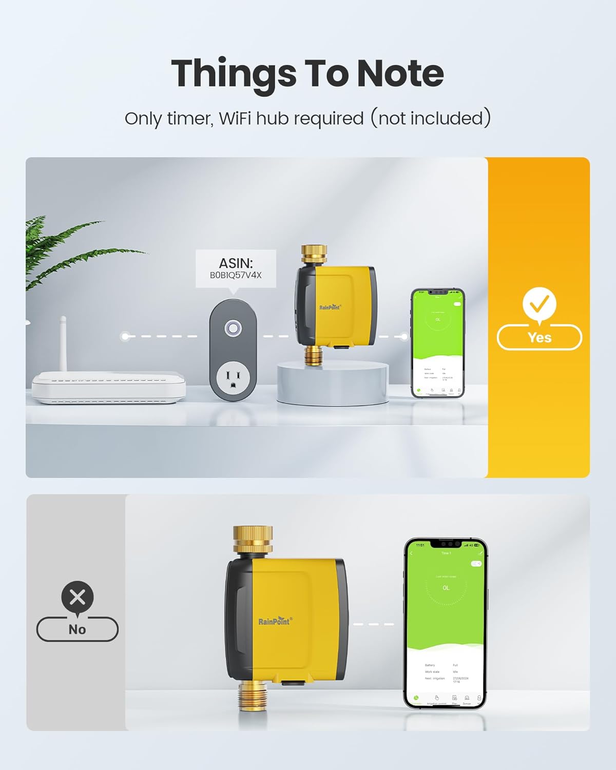 RAINPOINT WiFi Water Timer, Smart Sprinkler System Valve With APP & Voice Control, Weather-Based Automatic Rain Delay, Brass Inlet & Outlet (No WiFi Hub)