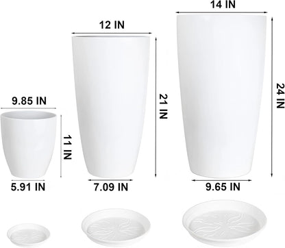 24,21,11 Inch Large Plastic Planters with Drainage Hole and Saucer - Set of 3 Tall Plant Pots Indoor Flower Pot Tall Round Planters Outdoor Large Tall Planter