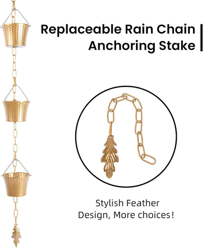 Rain Chain for Outside with Adapter,Wrought Iron Rain Chains Set 8.5 Ft,Not Rust, Gotta Drain with Metals Anchoring Stake, 14 Cups, 1 Hook, Adjustable Gutter Downspout for Outdoor(Gold)