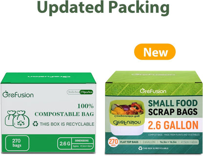 Compostable Trash Bags, Small 2.6 Gallon, 270 Count, 0.72 Mils Thick, Eco Friendly, ASTM D6400 & BPI Certified, Composts Food Scraps, No Leaks