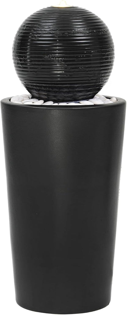 Autodaya 30" H Ceramic Sphere Water Fountain with LED Light, Modern Minimalist Design, Black Glaze with White Pebbles, Soothing Trickling Water Feature, Adding Artistic Charm & Tranquil Ambiance