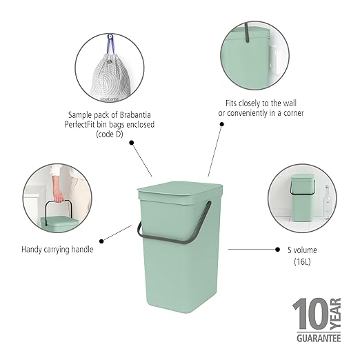 Brabantia Sort & Go Kitchen Recycling Bin | S / 4.2 Gal / 16L | Jade Green | Removable Stay-Open Lid, Carry Handle | Trash Can for Bottles, Cans, Paper, Glass | Wall-Mounting Bracket Included