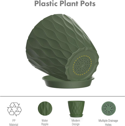 6 inch Plant Pots, 5 Pack Water Ripple Flower Pots for Indoor Outdoor Plants, Plastic Planters with Drainage Holes and Saucers, Nursery Pots for Small Succulent Garden House Plants, Multicolor