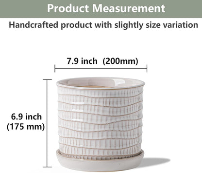 8 Inch Plant Pot: Ceramic Planter with Drainage Hole & Saucer - Cream White Flowerpot for Indoor & Outdoor Plants - with Separate Tray for Home & Office - Wave Embossed Design