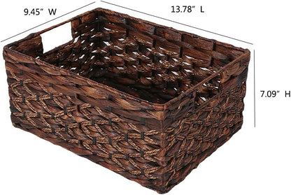 Rectangular Woven Water Hyacinth Basket,Dark Storage Basket With Inside Handle Shelves Kitchen Office Desk (Small)