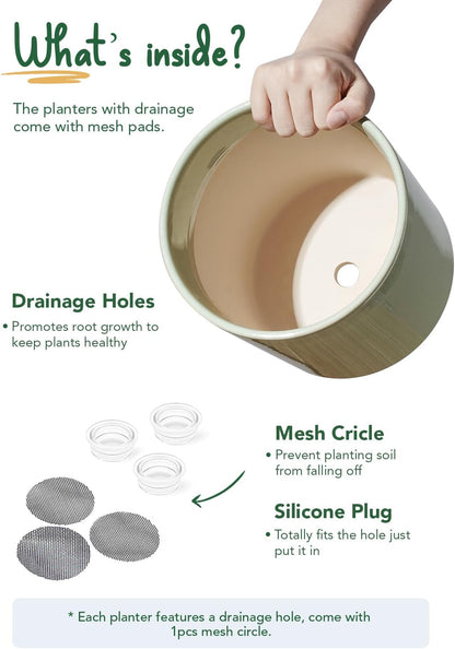 LE TAUCI Ceramic Plant Pots Indoor, 10+8+6 Inch Planters for Indoor Plants, Mid-Century Modern Pots with Drainage Hole and Plug, Cylinder Round Planters, Set of 3, Sage Green