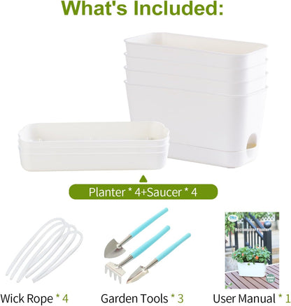 Herb Garden Planter Indoor Kit Self Watering Pots for Indoor/Outdoor Plants 4 Packs Windowsill Plant Pots with Drainage and Tray, Window Pot for Indoor Plants