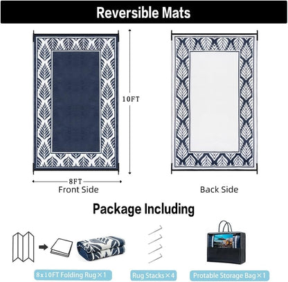 Outdoor Plastic Straw Rug, Waterproof Mat, Washable Large Floor Mat and Rug for Outdoors, RV, Beach, Patio, Camping, Backyard, Deck, Picnic, Outside (Olive-Leaf/Dark Blue&White,9x12ft)