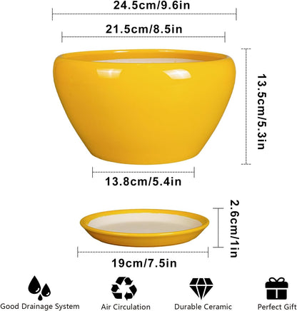 Ceramic Planter 9 Inch - Mid-Century Round Modern Plant Pot Indoor with Drainage Hole and Saucer for Outdoor Plants, Balcony House Garden Patio Home Decor, Yellow