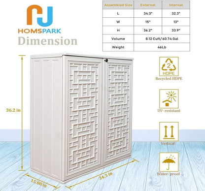 HOMSPARK Indoor/Outdoor Storage Cabinet with Doors and Shelf, 34”x16”x36” HDPE Plastic Storage Box for Patio, Bedroom, Bathroom, Living Room, Balcony, Multi-Purpose for Daily Tools, White