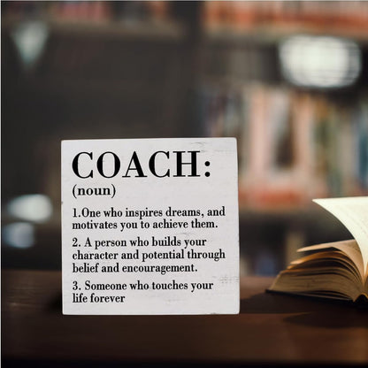 HTBIG Rustic White Wooden Coach Definition Sign, 5.1 x 5.1 Inches, Perfect for Home Office, Bedroom, Classroom, Cubicle, Counseling Desk, Shelf, Table Decoration