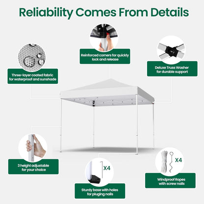 10x10ft Pop Up Canopy Tent,Heavy Duty Waterproof Folding Tent for Camping Parties Events Parties,Outdoor Canopy,Portable Sun Shelter,3 Adjustable Height(White)