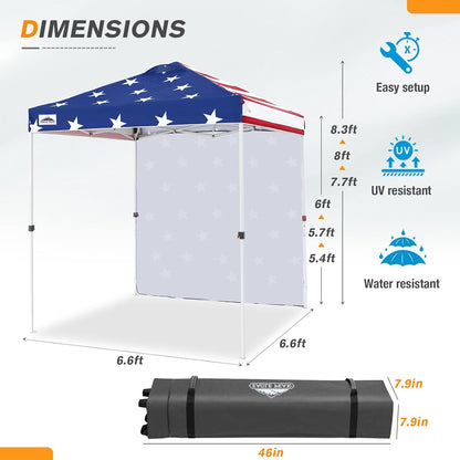 EAGLE PEAK Pop Up Canopy Tent with 1 Sidewall, Easy Setup Event Tent, Outdoor Sun Shade, Wheeled Carry Bag, Stakes and Guy Ropes, Instant Canopy 6.6x6.6, American Flag