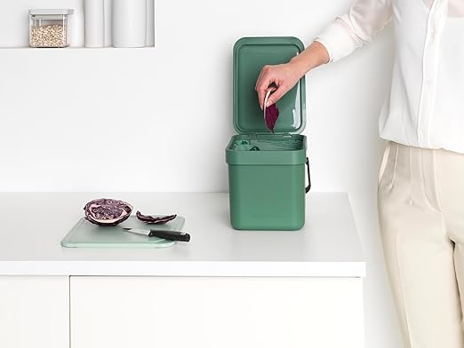 Brabantia Sort & Go Kitchen Countertop Food Scraps Compost Bin | XS / 1.6 Gal / 6L | Fir Green | Removable Stay-Open Lid, Carry Handle, Easy-Clean Recycling Box | Wall-Mounting Bracket Included