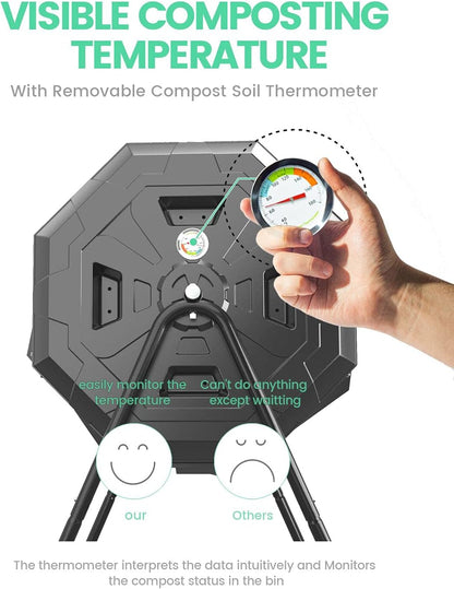 2021 Upgraded Tumbling Composter with Compost Thermometer - Dual Chamber Garden Compost Bin(43 Gal, Black)