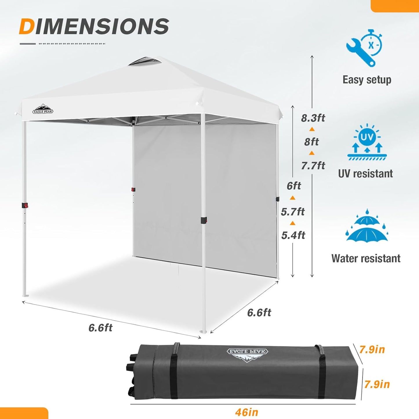 EAGLE PEAK Pop Up Canopy Tent with 1 Sidewall, Easy Setup Event Tent, Outdoor Sun Shade, Wheeled Carry Bag, Stakes and Guy Ropes, Instant Canopy 6.6x6.6, White