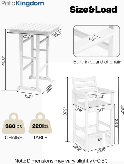 Outdoor Bar Set, 3-Piece HDPE Balcony Set with 2 Tall Adirondack Chairs and Bar Table, All-Weather Bar Height Stools for Patio, Backyard, Poolside (White)