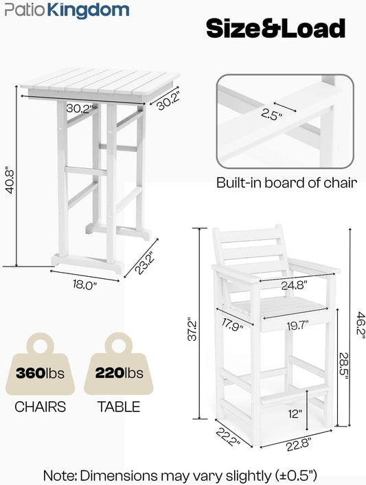 3-Piece Outdoor Bar Set with Beige 11FT Cantilever Umbrella, HDPE Tall Balcony Adirondack Chairs and Table, Outdoor Bar Stools for Patio (White)