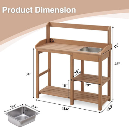 Psilvam Outdoor Potting Bench with Sink for All-Weather Gardens, HDPE Potting Benches for Outside, Planting Table for Garden, Patio and Lawn (Teak Color)