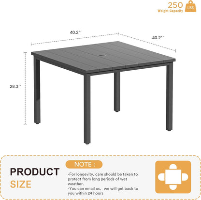 VICLLAX 40.2" Square Patio Dining Table for 4, Outdoor Table with Umbrella Hole, All Weather Metal Patio Table for Lawn Garden, Grey Tabletop