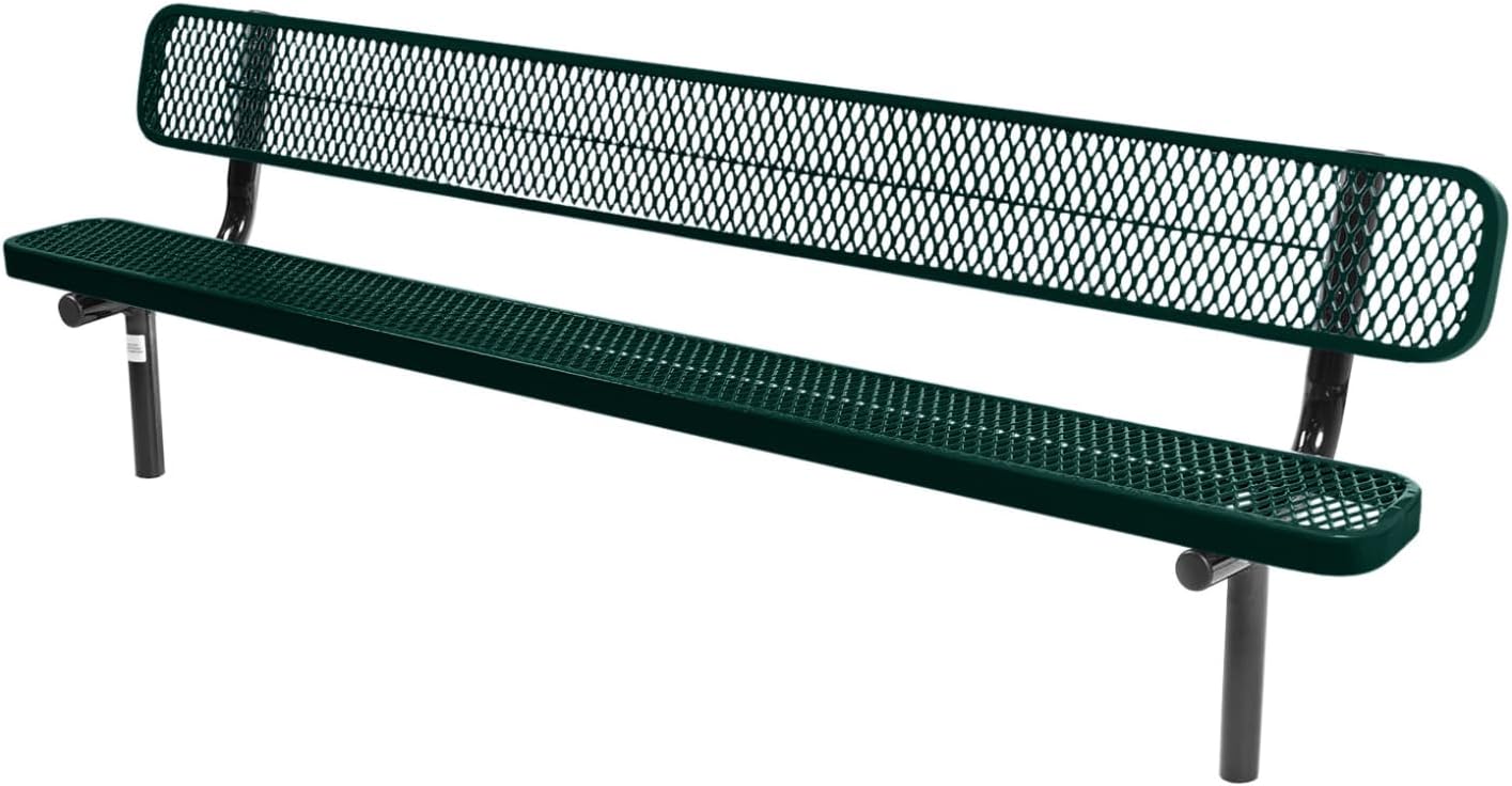 Coated Outdoor Furniture Heavy-Duty Outdoor Bench Thermoplastic Coated, Expanded Metal, Commercial-Grade Seating, Made in America (Inground with Back, 8 Ft, Dark Green)