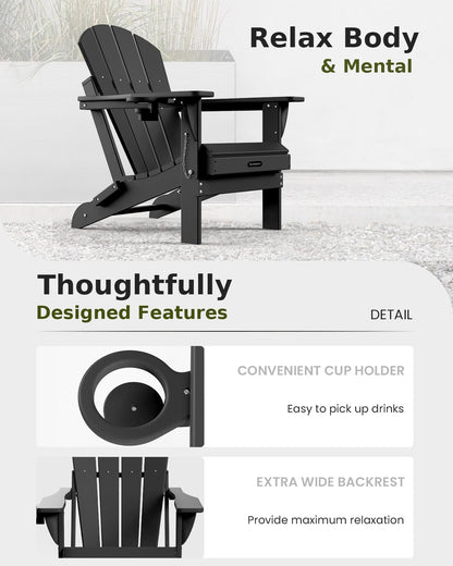 MUCHENGHY Folding Adirondack Chairs 6 Pack, Patio Chairs, Fire Pit Chairs, Outdoor Chairs, Plastic Adirondack Chairs, Lawn Chairs Weather Resistant with Cup Holder for Deck, Backyard, Garden(Black)