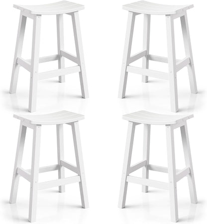 Weatherproof Bar Stools Set of 4, 28" Height Outdoor Bar Stools Holds up to 400 lbs, Saddle Seat, Bar Height Stools for Patio, Garden, and Kitchen Island, White