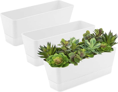 Lainrrew 3 Pack Window Box Planters, 12 Inches Rectangular Planter Plastic Flower Box Plant Pots Plant Containers with Tray for Balcony, Windowsill, Garden, Home Office Outdoor Decoration, White