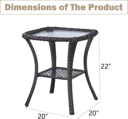 Outdoor Side Table, Brown Rattan Wicker Patio Side Table, Patio End Table, Small Outdoor Side Table with Glass Tabletop and Storage Shelf (Brown)