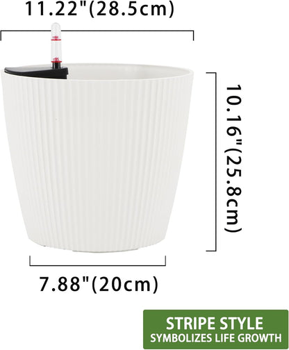 Dexceder 11x10 Self Watering Planters Indoor, Inner Mat Design, Table Flower Plant Pot with Water Level Indicator (2 Pack, White)