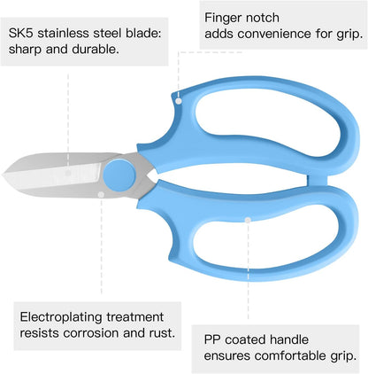 Flower Scissors, Strong Floral Shears, Premium Steel Garden Pruning Shears Floral Fruits Leaf Scissors Hand Pruner Snip Trimming Tool for Gardening Flower Arrangement, Light Blue