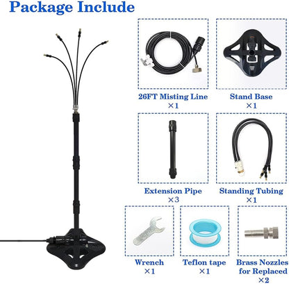 UR Forest Updated Standing Misting Cooling System 26FT Misting Line + 4 Brass Misting Nozzles,4 Height Option, Stand Mister Hose for Outside Outdoor Patio, Pet Cooling, Kids Water Playing