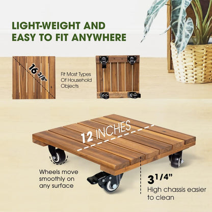 Idzo 2-Pack 12 Inch Acacia Wood Rolling Square Plant Caddy for Plant Pots, Heavy Duty Plant Stand with 360° Lockable Wheels, 264 lbs Capacity Caddy for Indoor and Outdoor Use, Natural Wood