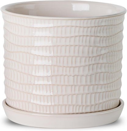 8 Inch Plant Pot: Ceramic Planter with Drainage Hole & Saucer for Indoor Outdoor Plants - Flowerpot with Bonded Tray for Home Office - Wave Embossed