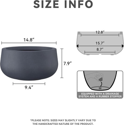 Kante 15.7" Dia Round Concrete Planter, Outdoor Indoor Garden Plant Pots with Drainage Hole and Rubber Plug, Modern Curvaceous Design, Charcoal