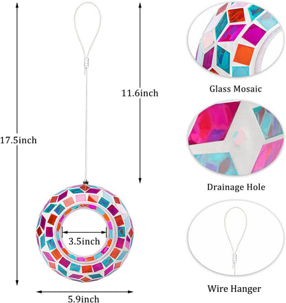 Yinns Glass Bird Feeders Outside, Hanging Mosaic Bird Feeder, Round Shape Fly Through Container Wild Birdfeeder for Garden, Backyard Decor